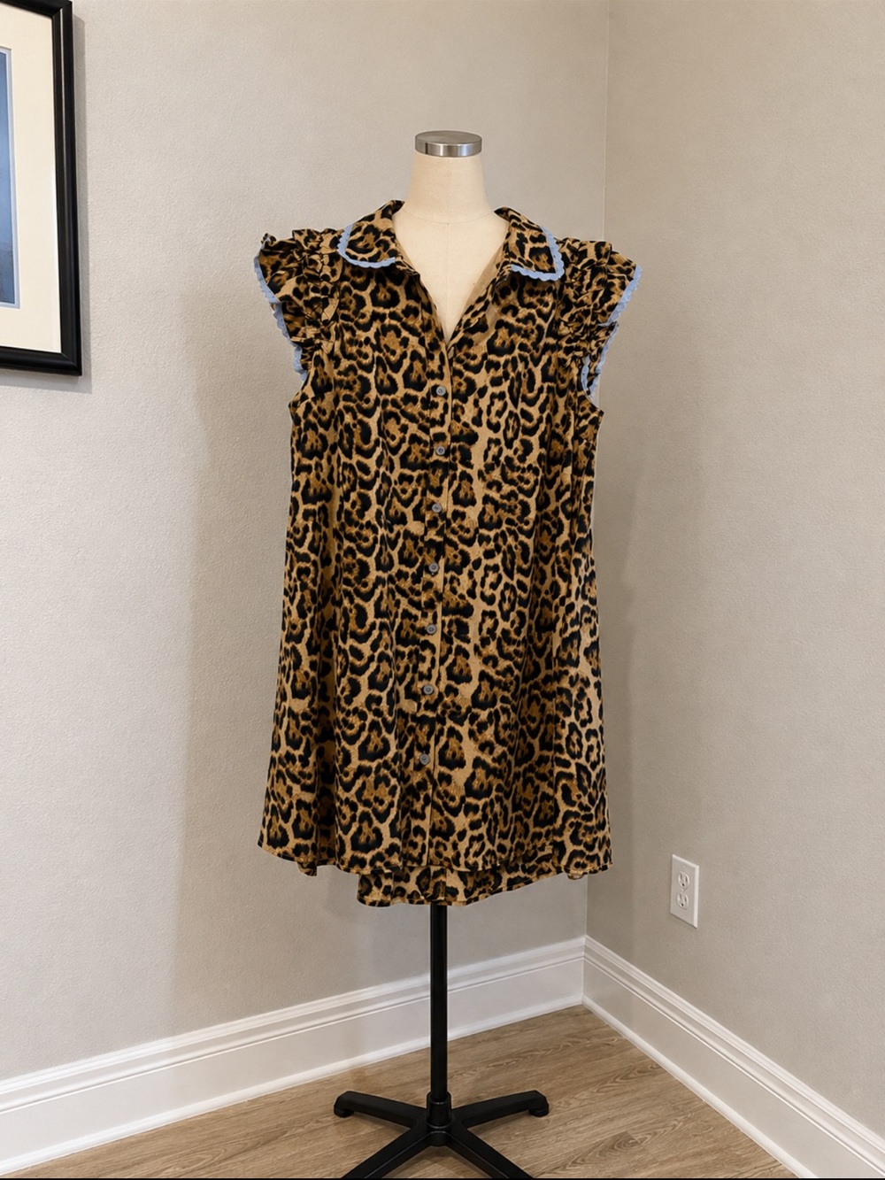 Annie Leopard Print Button-Front Shift Dress with Blue Trim